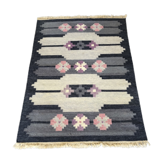 Vintage Zweedse Wollen Rollakan Blauw Met Roze Geometrische Patronen 1