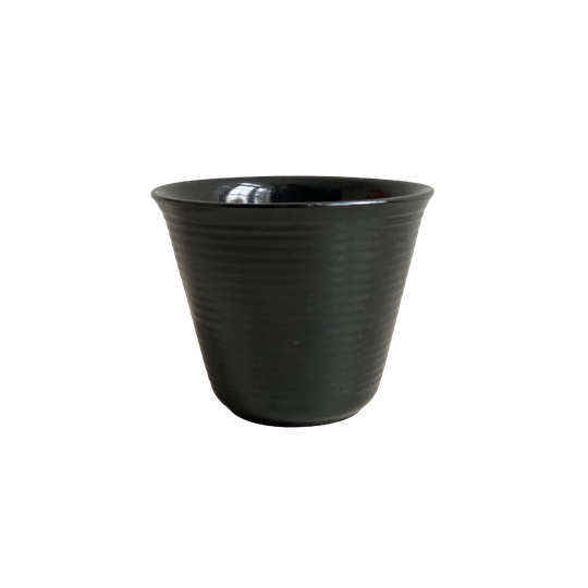 Klein Vintage Zwart Keramiek Bloempotje / Bloempot Met Strepen / Ribbels 1