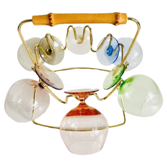 Midcentury Cognac Glaasjes Set Messing Rek Houder Jaren 50 1