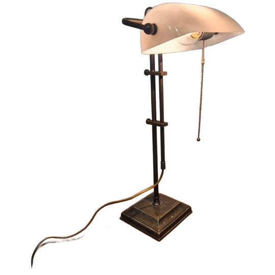 Vintage Messing En Glas Verstelbare Bankierslamp 1