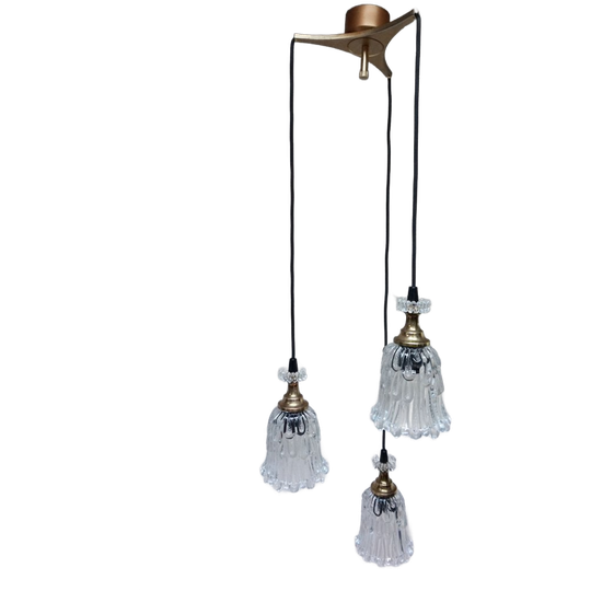 Vintage Hollywood Regency Cascade Goud/messing Hanglamp Met 3 Transparant Glazen Kelken, 1960s 1