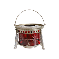 Antiek Art Deco Theelichtje Met Spiritusbrander En Rood Rond Geslepen Glas.