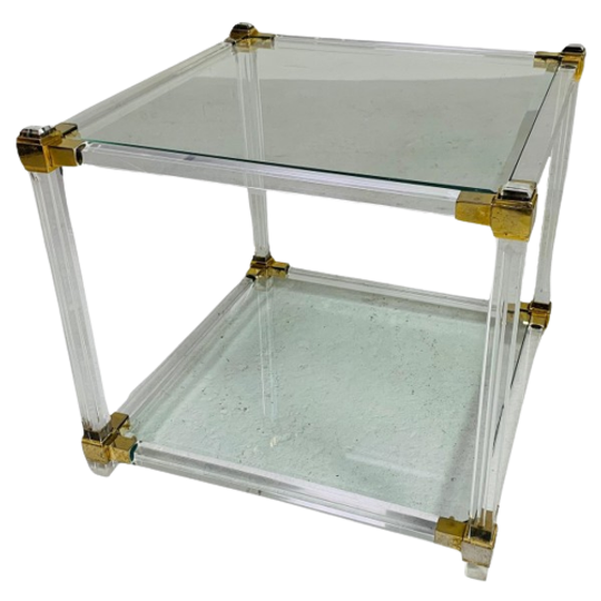 Hollywood Regency Salontafel Plexiglas, Glas, Messing, Jaren 70 1