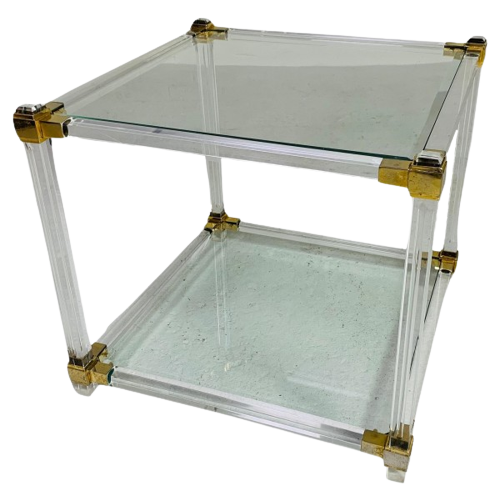 Hollywood Regency Salontafel Plexiglas, Glas, Messing, Jaren 70