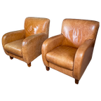 2 Sets Van 2 Vintage Cognac Leren Club-Fauteuils thumbnail 1