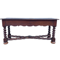 Stoere Antiek Eiken Sidetable Met Grenen Blad, Getorste Poten / 153 Cm Lang