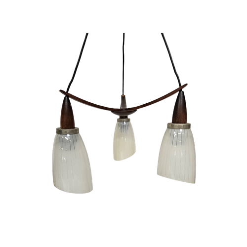 Vintage Deens Teak Houten Cascade Hanglamp Met Glazen Kelken