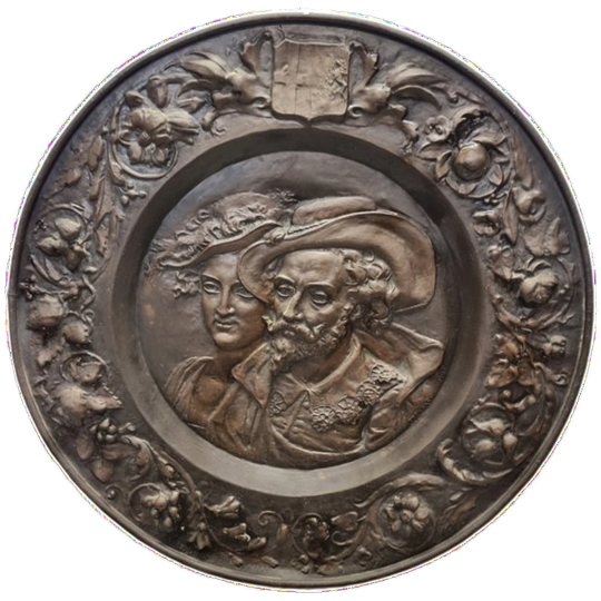 Antiek Koperen Wandbord Rubens Met Vrouw, 19e Eeuw 1