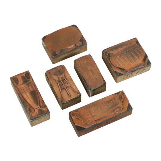 Antieke Printer Plaat Gravure Drukblok Bloemen Koper Hout Set Van 6 1