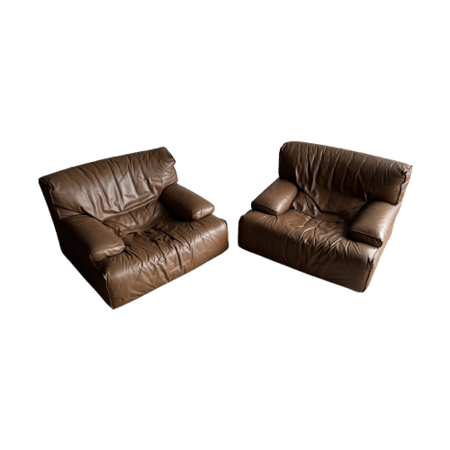 Pair Of 2 Brown Leather Club Brunati Sofa'S