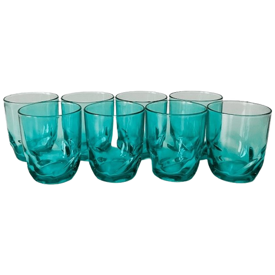 Vintage Set 8 Gedraaide Glazen Turquoise Blauw Luminarc Arcoroc 1970’s 1