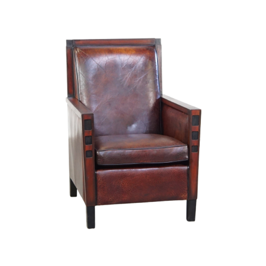 Schapenleren Art Deco Design Armchair Gecombineerd Met Hout En Een Mooi Patina 1