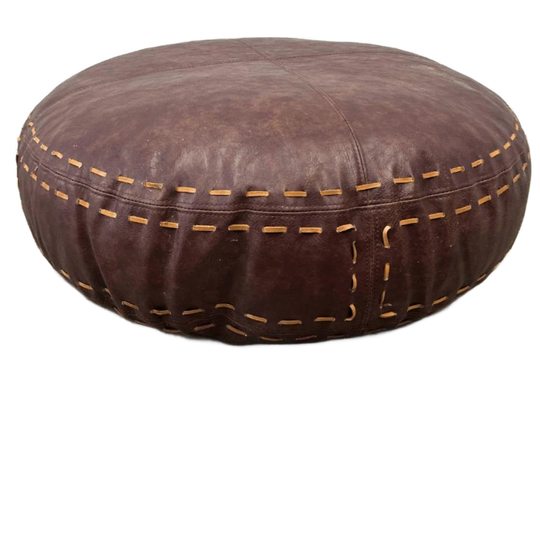 Grote Vintage Poef, Rond - Warm Bruin Leer, Veter 1