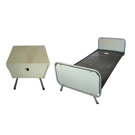 Vintage Bed In Bauhaus Stijl Met Nachtkastje In Mooi Grijs Blauw 1