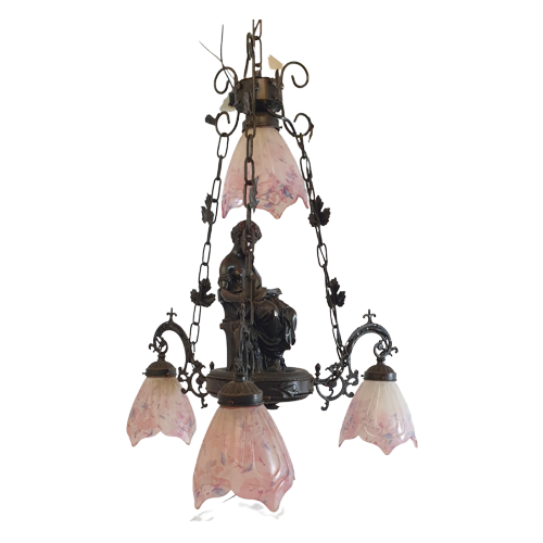 Kroonluchter Art Nouveau 4 Roze Glazen Kapjes