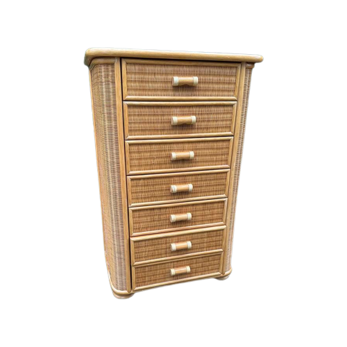 Rotan Bamboe Tallboy Ladekast Commode Kast Vintage