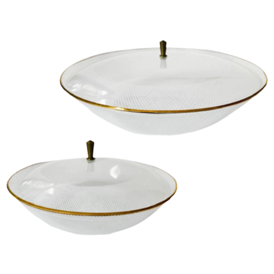 Set Vintage Midcentury Flamingo Koekschalen Glas Met Deksel 1