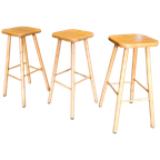 3 X Blond Oak Stools 1970s Height 65 Cm thumbnail 1