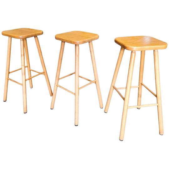 3 X Blond Oak Stools 1970s Height 65 Cm 1