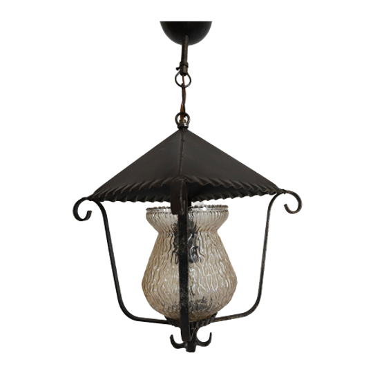 Vintage Lantaarnlamp Smeedijzer Met Amberglas, Jaren'50 1