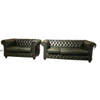 Gave Chesterfield Bankstel 3+2 Zits Bank In Antiek Groen Leer Brand thumbnail 1
