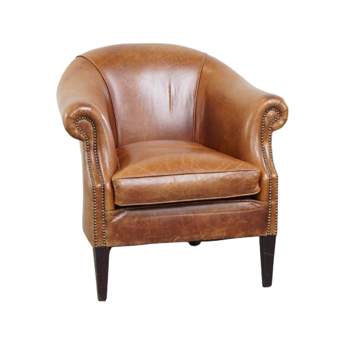 Zeer Comfortabele, Elegante Rundleren Clubfauteuil Met Een Los Zitkussen En Een Tijdloos Design