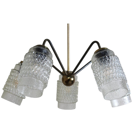 Vintage Plafondlamp, Kroonluchter - Jaren '60, Messing, Glas 1