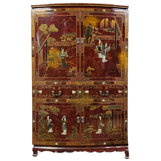 Vintage Chinese Kast Rood En Goud / Traditioneel Tafereel / Dames In Chinese Tuin (bohemian Kast, Oosterse Kast) 1