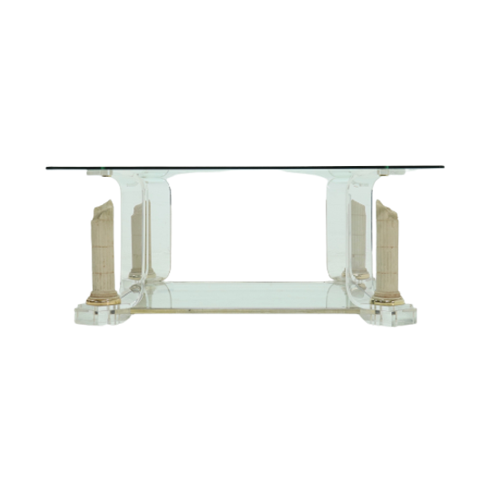 Two Tier Regency Lucite & Glass Pedestal Coffee Table 1980s 1