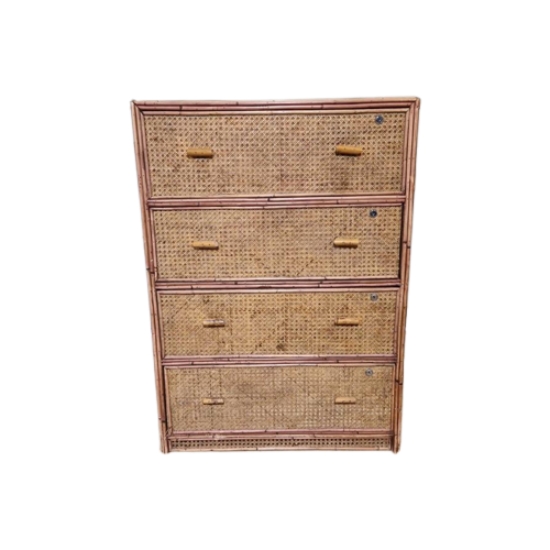 Vintage Rattan Chest Of Drawers - Ladekast - Bruin - Glas