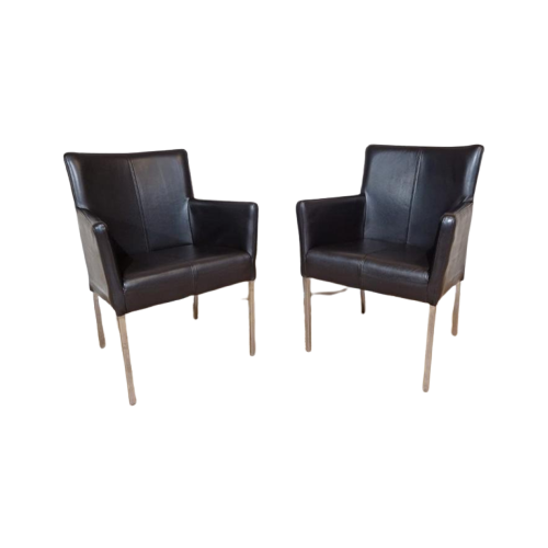 2X Fauteuil - Bruin - Leder - Design - Eetkamerstoelen