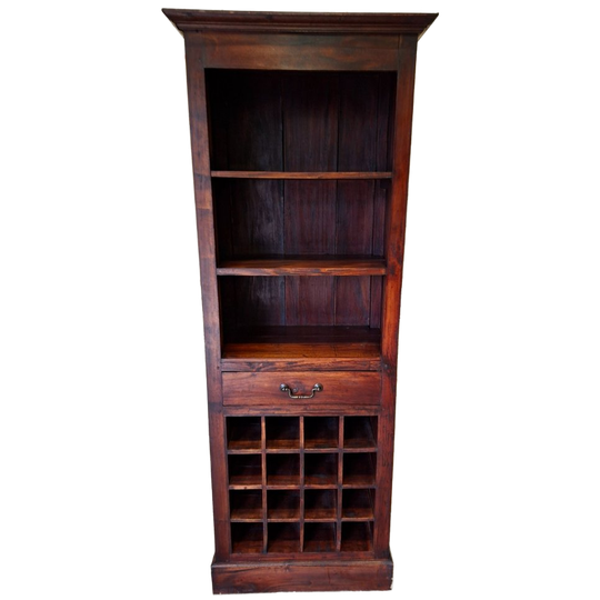 Teakhouten Boekenkast, Wijnrek, Whiskey Bar, Afm. 68x39cm En 180cm Hoog. 1