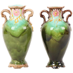 Franse Art Nouveau Barbotine Majolica Vaasjes Antiek Aardewerk 19cm thumbnail 1