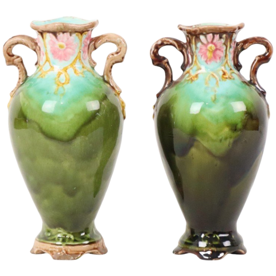 Franse Art Nouveau Barbotine Majolica Vaasjes Antiek Aardewerk 19cm 1