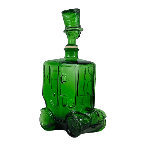 Empoli - Italy, 1960’S - Green Glass - Comical Car Decorative Bottle With Man In Hat As Top