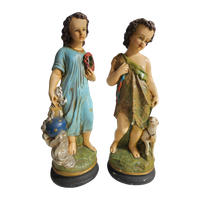 2 Plaster Holy Figures Sint Janneke / John The Babtist Young Jezus Dutch Origin / 1950S