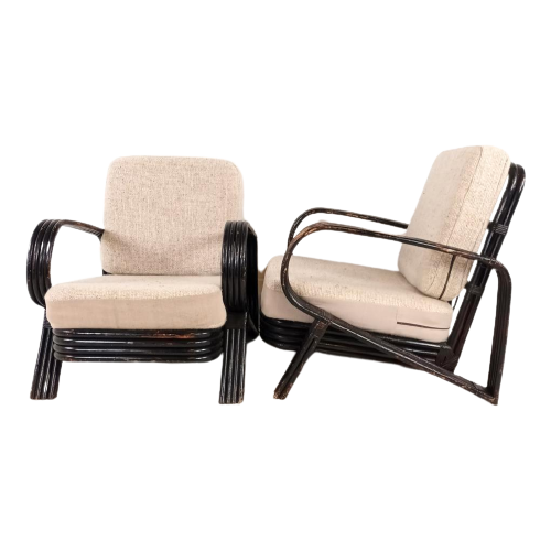 2X Vintage Bamboe Loungefauteuil