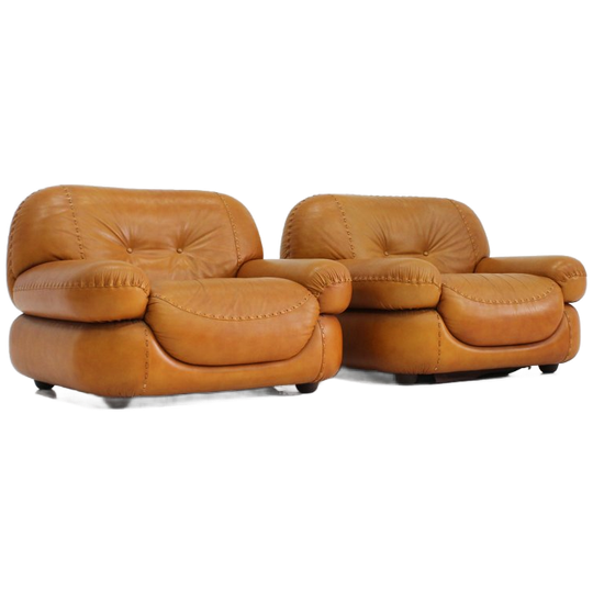 Sapporo Italian Cognac Leather Lounge Chairs For Mobil Girgi 1970s , Set Of 2 1