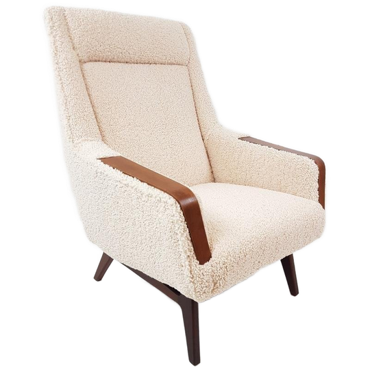 Vintage Fauteuil Nieuw Gestoffeerd Teddy Stof Teakhouten Arm 1