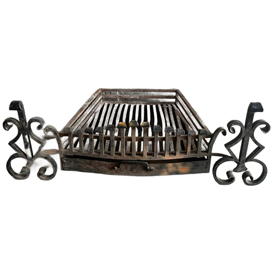 Vintage Wrought Iron Fireplace Grate With Andirons 1
