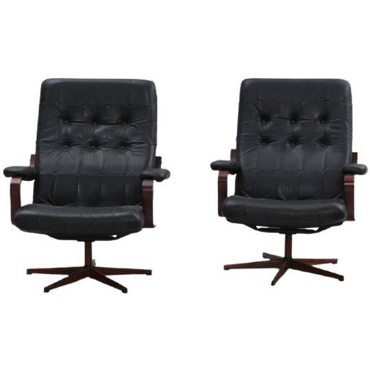 Set Van Twee Vintage Zwart Lederen Draaistoelen ,zweden 1970(22565) 1