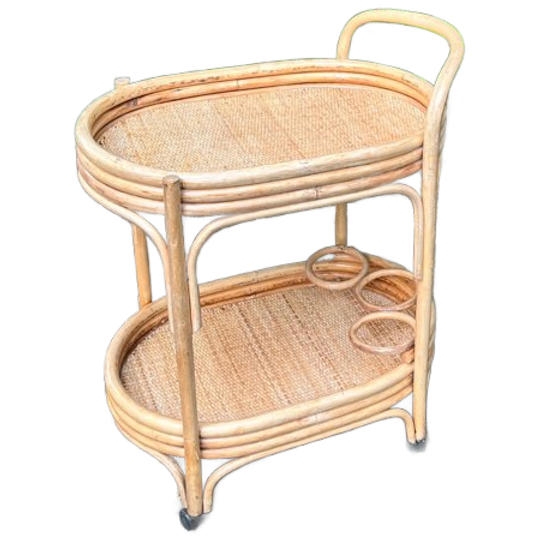 Vintage Bamboe-rotan Serveer Trolley 1