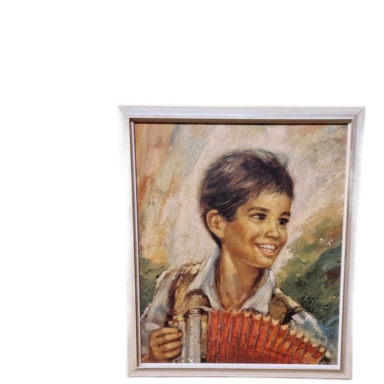 Retro Art Print Jaren 70 Schilderij Plaat Jongen Harmonica 1