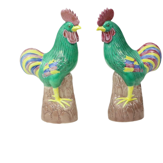 Koppel Geglazuurde Polychrome Hanen Chinees Porselein 34cm 1