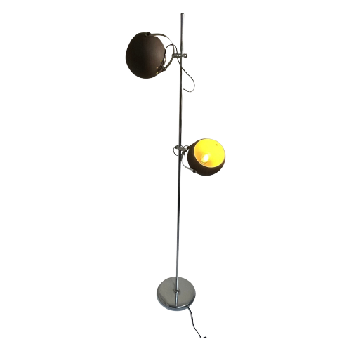 Gepo - Space Age Design / Mcm Floor Lamp With Two Shades - Brown Shades On A Chrome Base