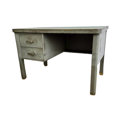 Vintage Industriële Desk / Bureau Acior Met Muntgroen Blad