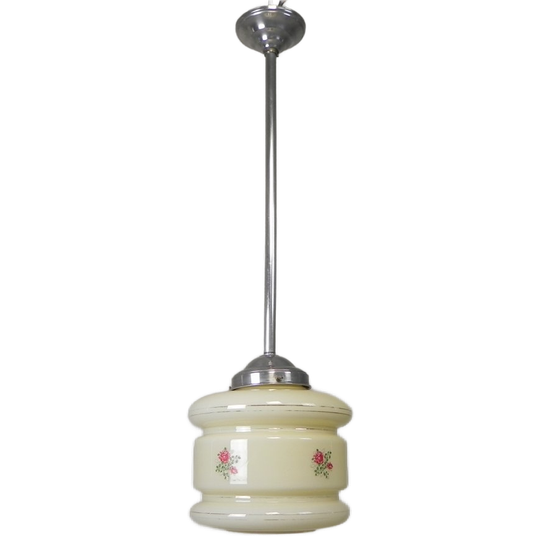 Art Deco Hanglamp Met Beige, Glazen Kap, Jaren 30 1