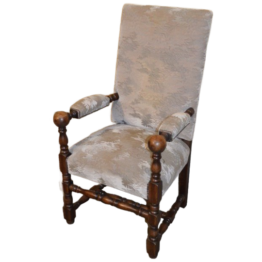 Antieke Eiken Kasteelstoel Met Hoge Rug En Velours Bekleding 1