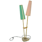 Jaren 50 Vloerlamp Met Roze En Groene Kap En Goudkleurige Poten thumbnail 1