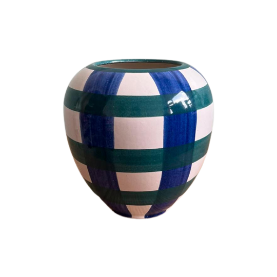 Vintage Vaas Geruit Ruit Blauw Groen Vaasje Bolvaas Kleur 1